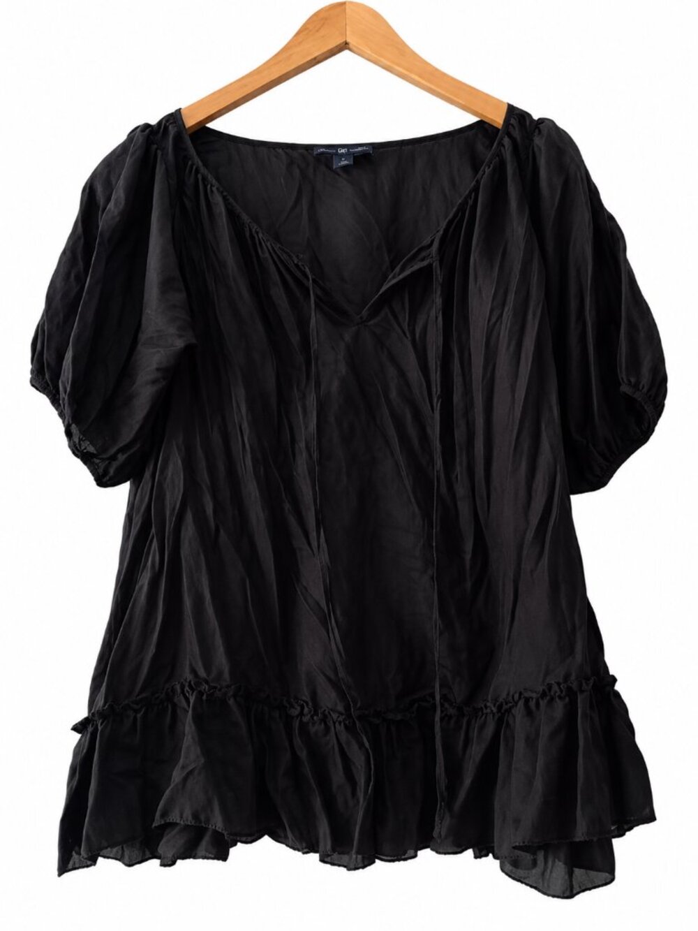 Gap Black Silk Cotton Blend Puff Sleeve Tie Neck Ruffle Hem Blouse Large